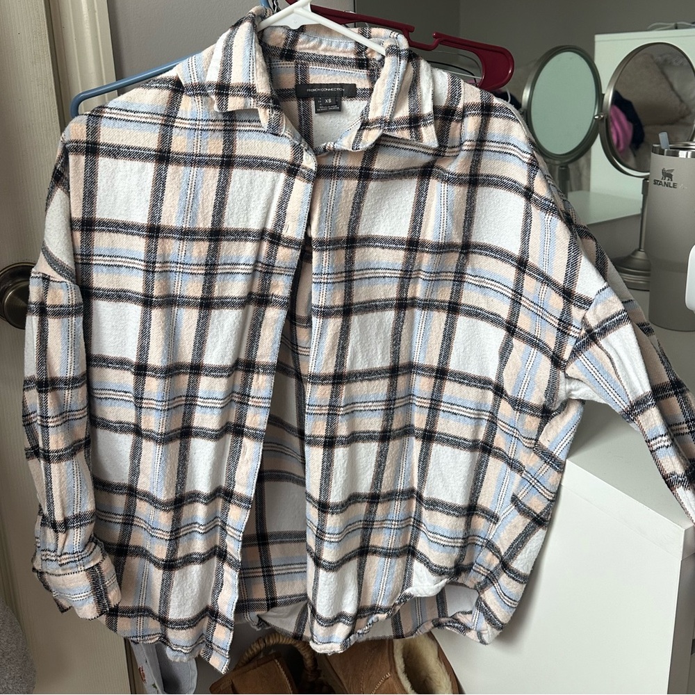 French Connection Beige Tan and Blue Plaid Flannel Shirt